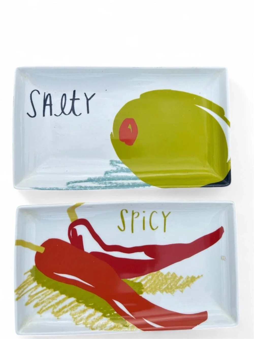Crate & Barrel Salty Spicy Sour Ceramic Appetizer Tray Set Olive Serving Plates